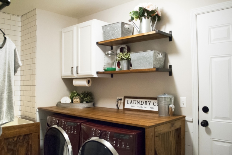 Industrial Farmhouse Shelf with Hanger Rack for Laundry Room